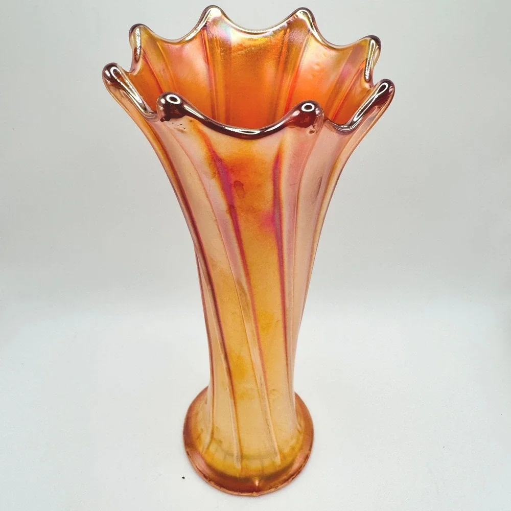 Antique Northwood Thin Rib Marigold Carnival Glass Vase Ruffled Rim c1910